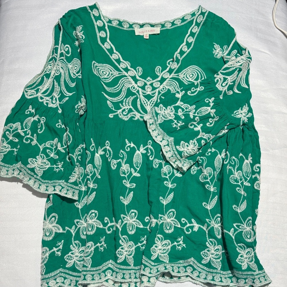 Solitaire Emerald Green Embroidered V-Neck Tunic
